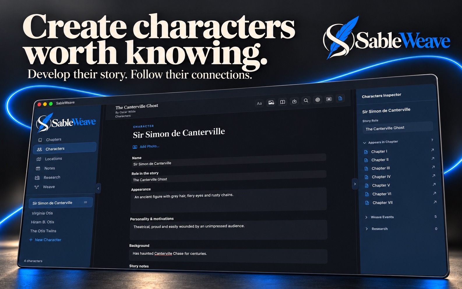 SableWeave character profile and character inspector